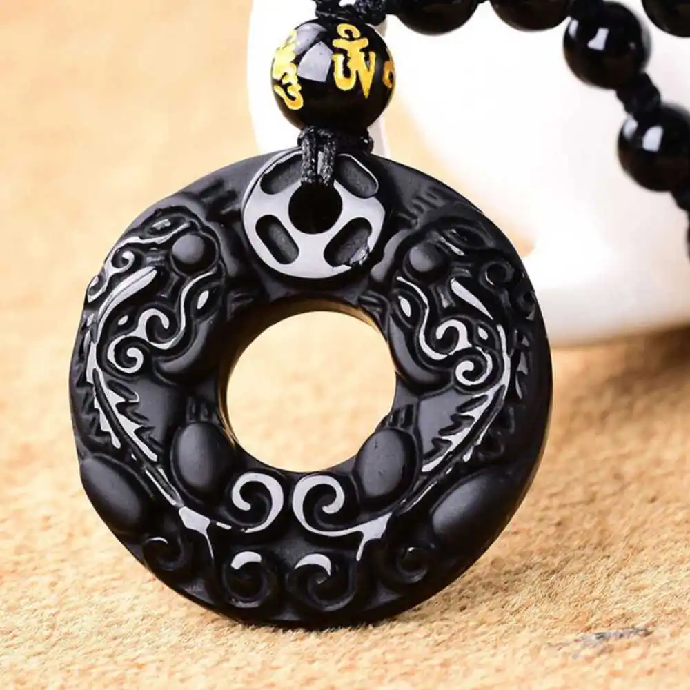 

Natural Obsidian Carved Pi Xiu Lucky Amulet Pendant Chain New Cross Charm Unisex Men Keychain Energy Steel Quartz Chakra Gold