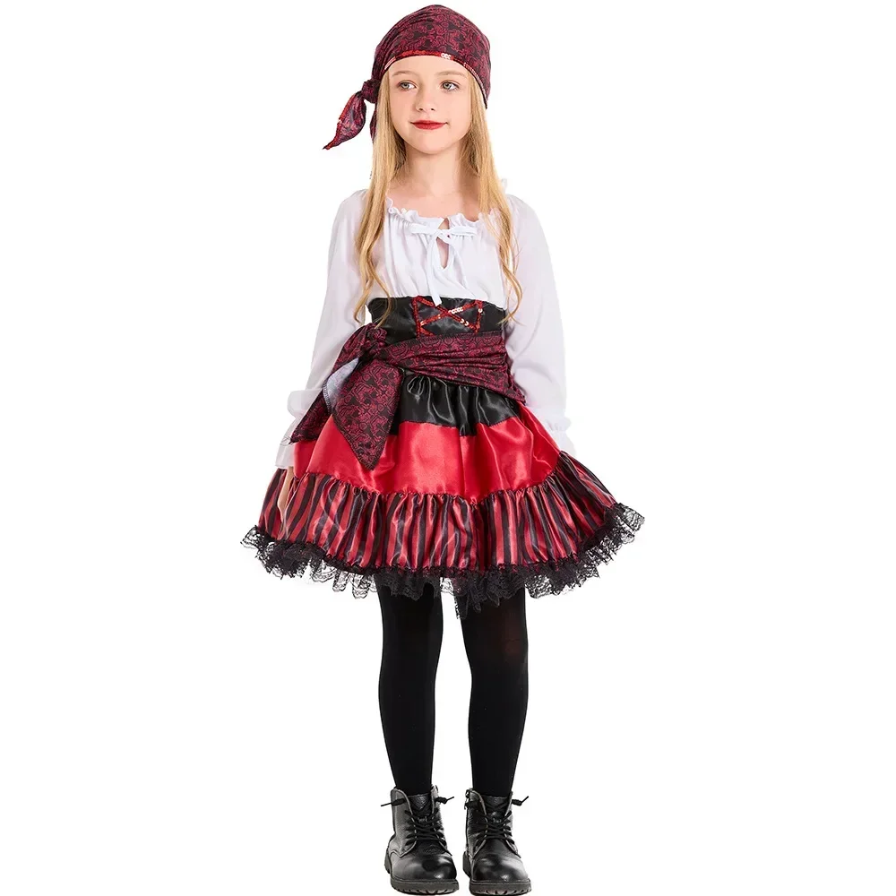 Pirates Girls Costumes Dress for Kids Child Halloween Pirate Cosplay Performance Clothes Carnival Party Navigator Stage Dress Up