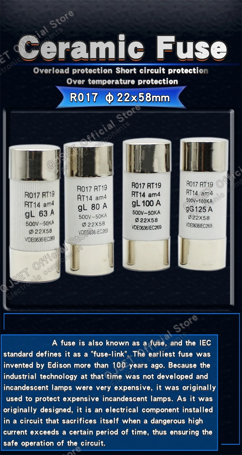 5 Stück QJSET RO17 Keramik-Sicherungsrohr R017 Schnelltrenn-PV-Solarsicherung 22 x 58 mm 500 V 63 A 80 A 100 A 125 A RT14 RT19 RT18-125 22 x 58 mm – Detail 1