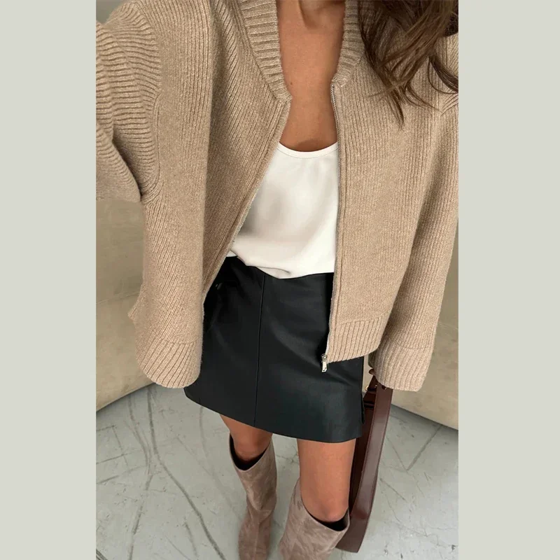 Autumn Winter Zipper O-neck Knitted Cardigans Women Solid Loose Long Sleeve Sweater Top Fashion Lady All-matching Knitwear
