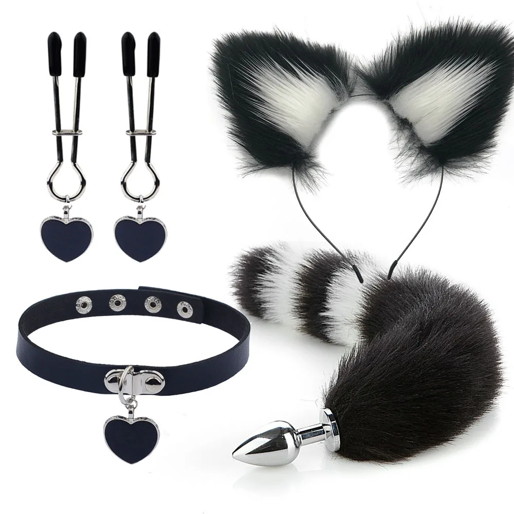 

New 4pcs Cute Fox Tail Anal Plug Metal Butt Plug Cat Ears Headbands Collar Set Erotic Cosplay Sex Toys Adult Games for Couples