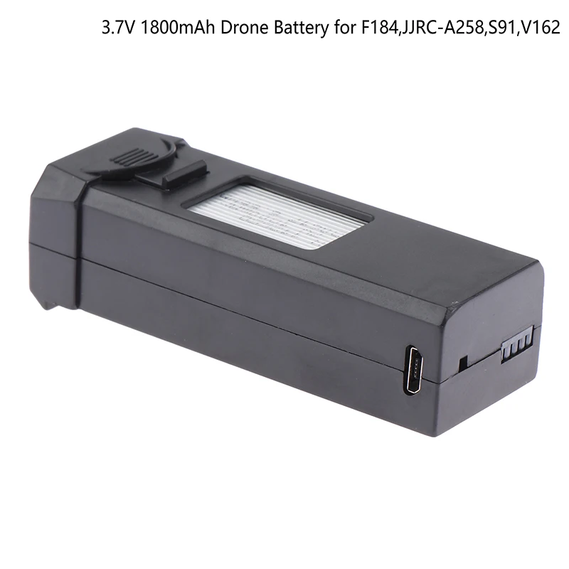 Batterie de rechange 3.7V 1800mAh pour mini drone F184, JJRC-A258, S91, V162 posée sur fond blanc