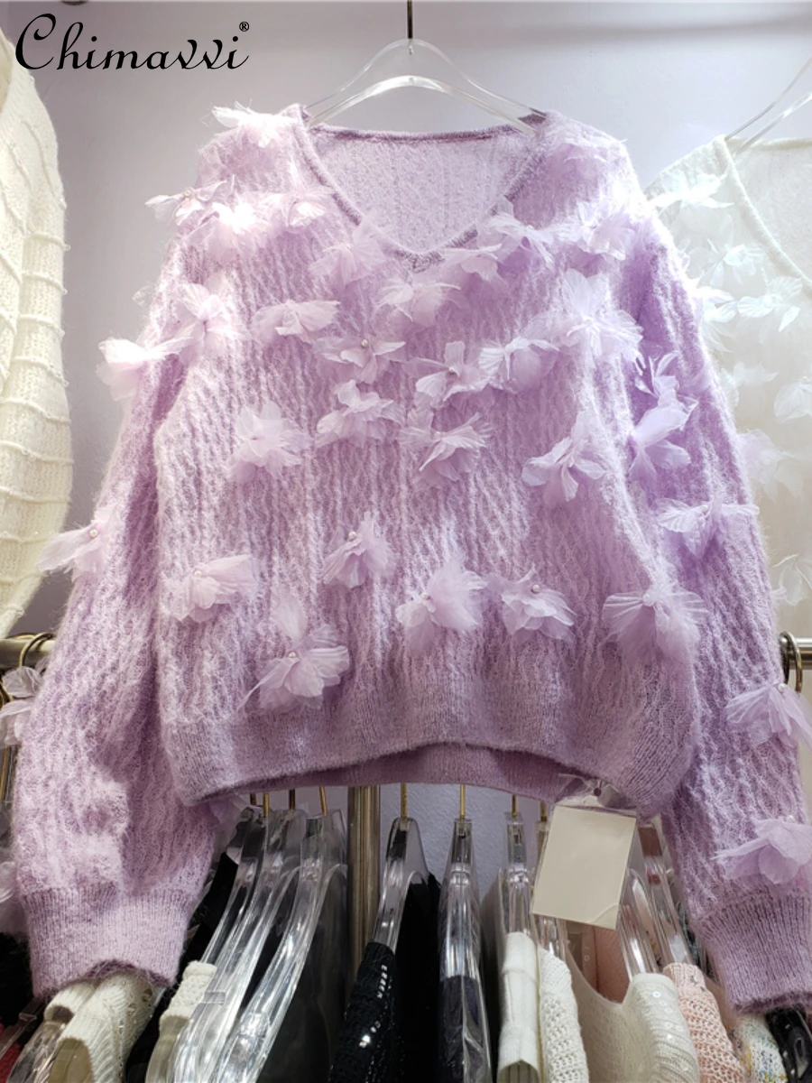 

European Station Sweet Sweater 2023 Autumn New Fashion Crocheted Hollow Flower Loose Knitted Top Elegant Long Sleeve Y2k Sweater