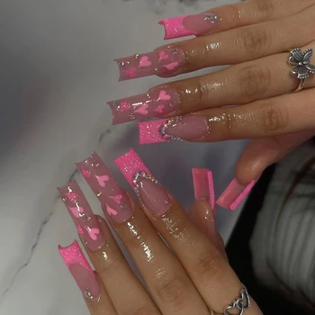 Women Girls Trend 24Pcs/Set Long Ballet French Heart Glitter Stone Decoration Full Coverage Wearable Fake Nail Press on Nail Art 1
