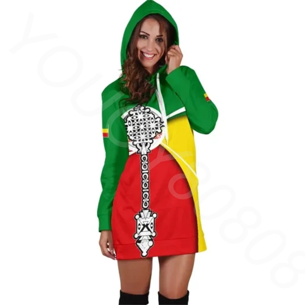 

Africa Ethiopian Flag Tribal Vintage 3D Printed Harajuku Round Neck Slim Fit Casual Long Sleeve Funny Ladies Hoodie Dress