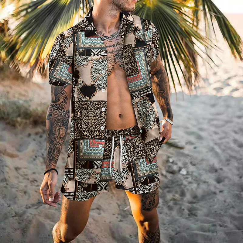 Men Sets Print Patchwork Lapel Short Sleeve Casual Shirt Beach Shorts Summer Streetwear Vacation Hawaiian Suits Men Clothing
