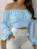 Women Sexy Off Shoulder Blouse Chic and Elegant Printing Lantern Long Sleeve Lace Up Bow Cropped Tops Casual Slim Shirts 2024 2