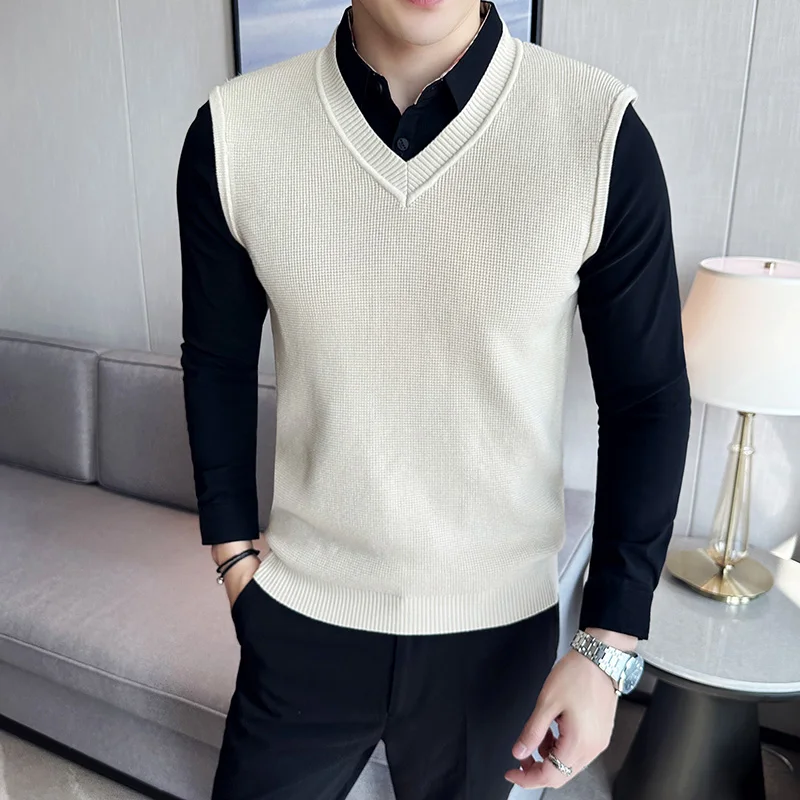 Fake 2 Pieces Shirt Collar Men's Winter High Quality Sweater Vest/Male Slim Fit Fashion Knitted Pullover/Man V-neck Sweaters 3XL