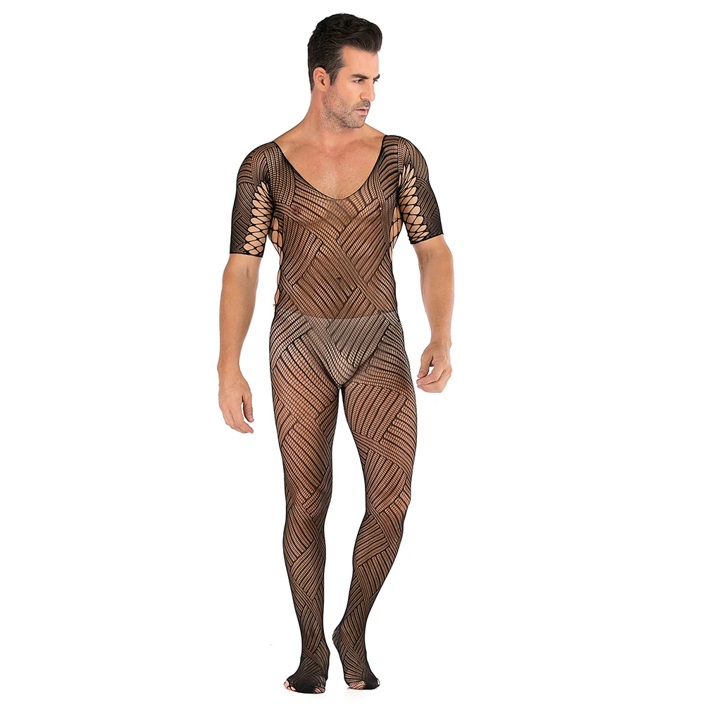 

Sexy Men Twill Cross Short Sleeve Bodysuit Side Hollow Fishenet Pantyhose Jumpsuit Backless Transparent Erotic Sissy Clubwear