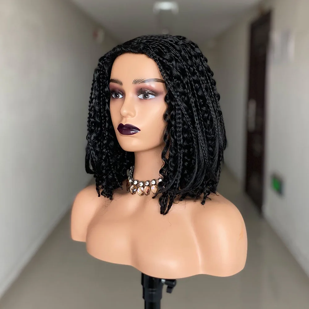 Short Box Braided Bob Wig for Black Women Curly Goddess Box Braids Wigs Synthetic Black Color Bob Hair Daily Use