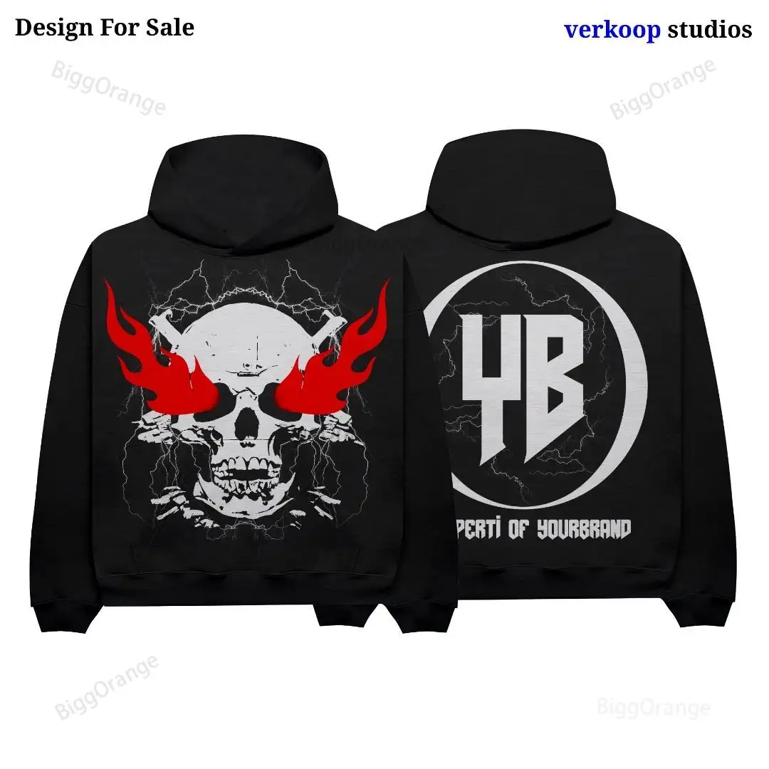 Latest Skull Bomb Street Red Flame Pattern Printed Sweater High Street Loose Fit Hoodie for Men and Women in Autumn and Winter