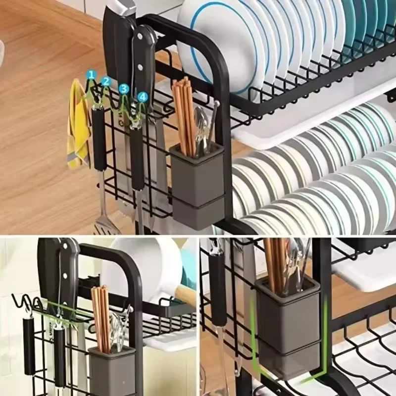 Dish Drying Rack Bowl Racks Large Rust-proof Dish Drainer with Utensil Holder 3 Layer Secure Kitchen Utensil Storage Drainboard