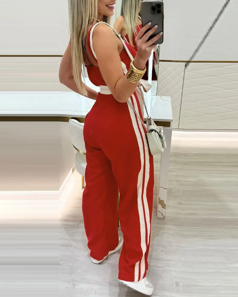 Schicker, gestreifter, ärmelloser Overall für Frühling und Sommer mit gebundenem Detail und Spaghettiträgern, lässiger Bandeau-Strampler mit weitem Bein für Damen – Detail 9