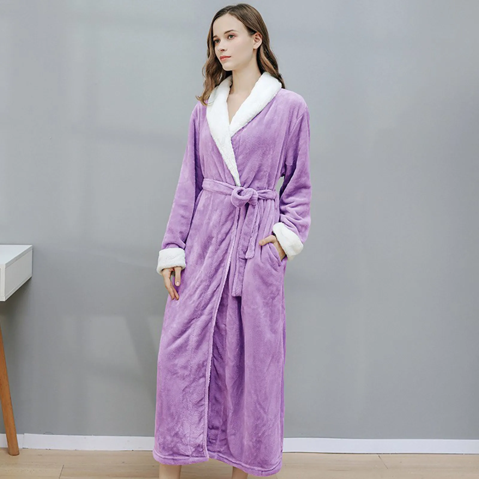 Womens New Soft Plush Bathrobe Kimono Bathrobe Fleece Robe Autumn Winter Solid Nightdress Fluffy Cute Long Coat Night Robe