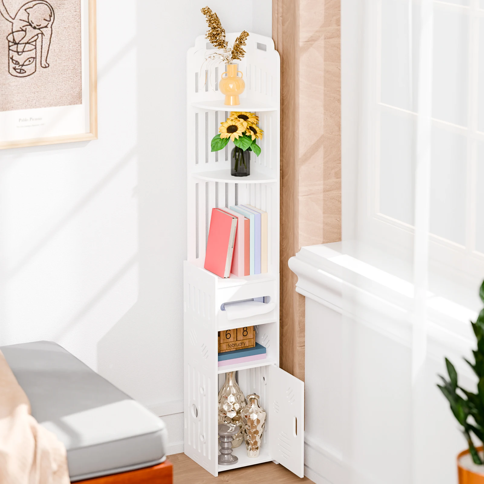 Extremely Narrow Side Pull Cabinet Sofa Side Cabinet Corner Display with Glass Door Book office supplies storage