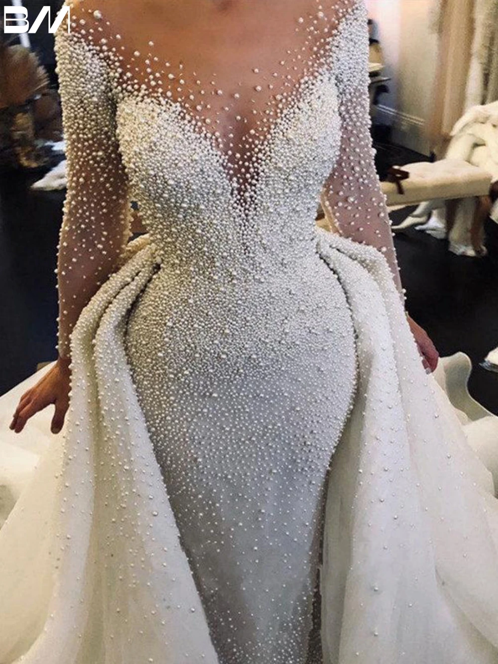 Romantic Floor-length Wedding Dress Classic Pearls O-neck Bridal Gown Luxury Long Sleeve A-line Bride Dresses Vestido De Novia