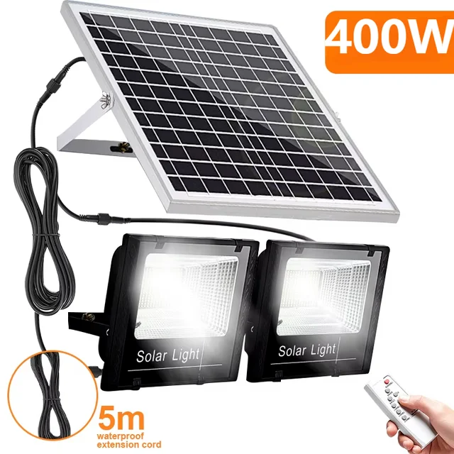 400W Led lumière solaire haute luminosité 2 tête projecteur étanche extérieur jardin applique murale avec panneau solaire en aluminium pour jardin 1