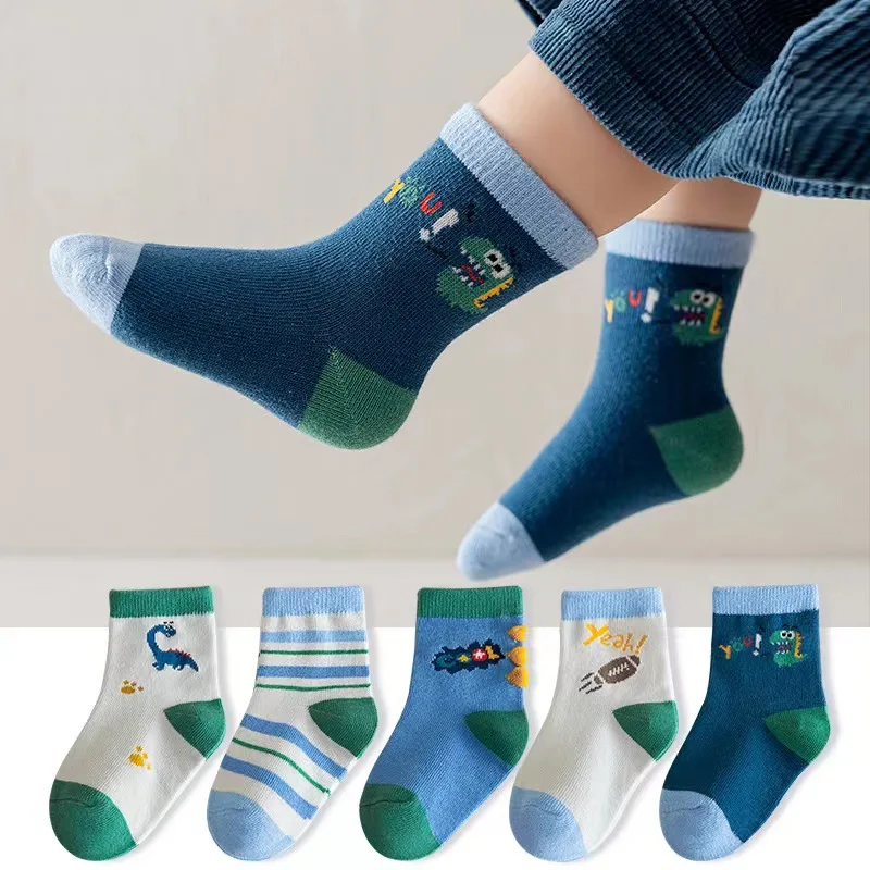 Children Boys Girls Cotton Socks Cartoon Multi Color Autumn Winter Spring Mid Socks Baby Floor Sock 1-12 Years 5 Pairs/Lot