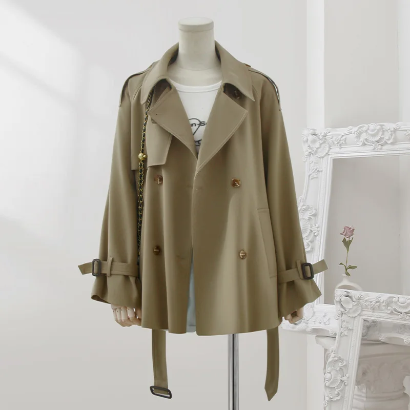 

SuperAen Khaki Short Trench Women's Autumn New Korean Style High Quality Double Breasted Jacket and Coat