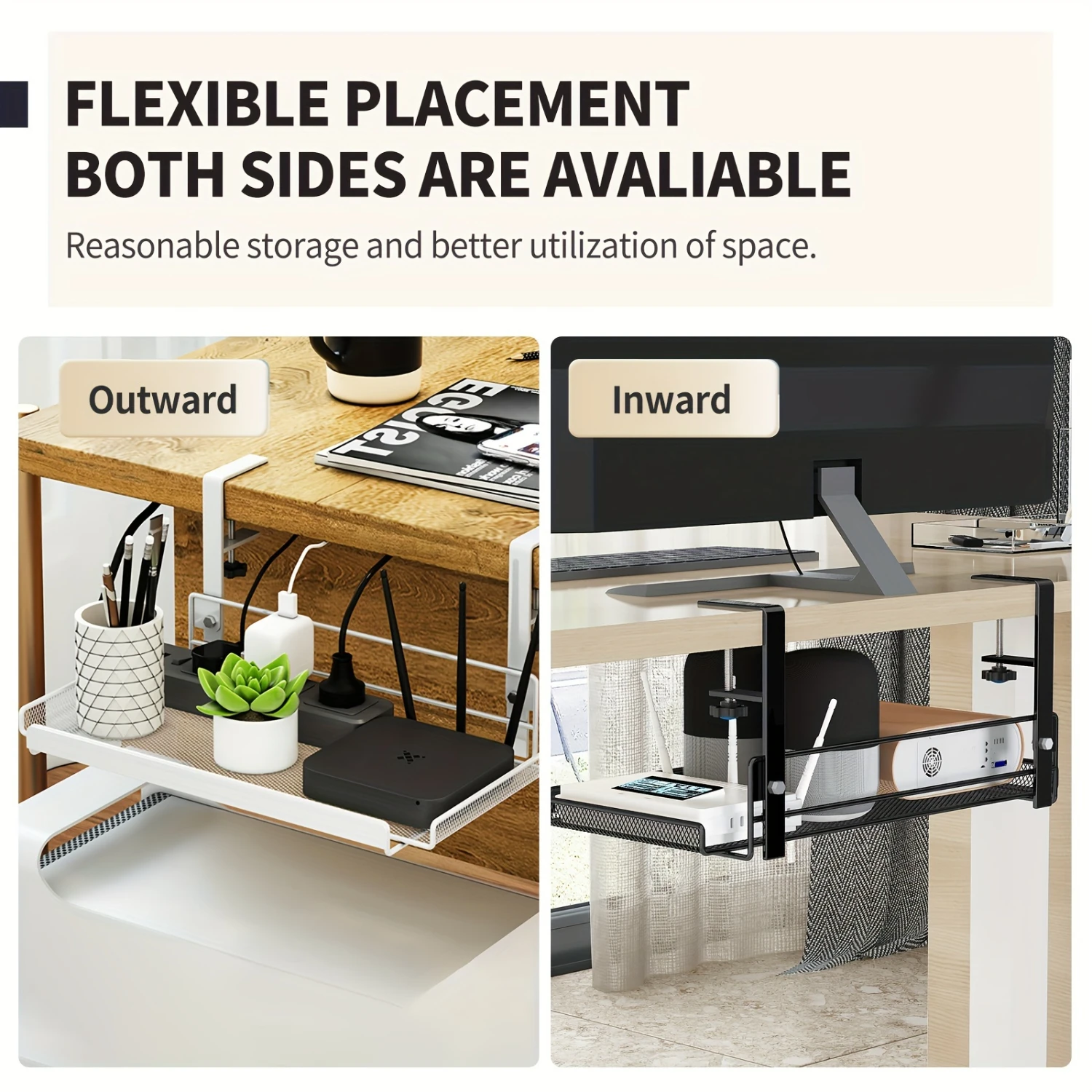 Under-Desk Cable Management Tray-No-Drill Iron Wire Organizer For Office Desks, Rectangular Shelf With Painted Finish