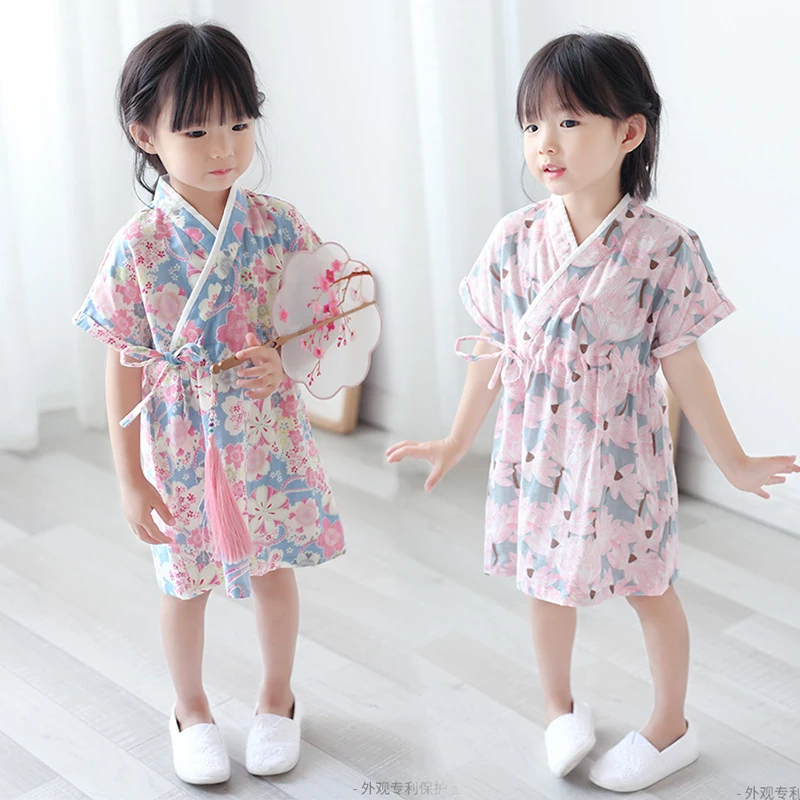 Girls' Pajamas Children's Simple Sleepwear Suits Little Girls Japanese-Style Cotton Kimono Children'S Baby Thin Nightdress LC831