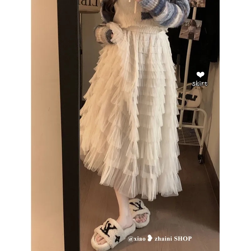 

2023 Autumn Elegant Women Multilayer Cake Skirts Elastic High Waist Ball Gown Mesh Skirt Ladies A Line Large Hem Long Tutu Saia