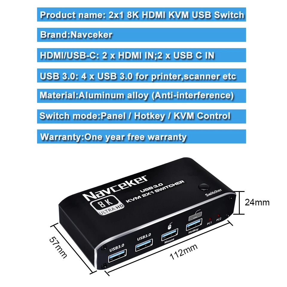 Navceker 8K KVM ġ, HDMI ȣȯ, 4K 120Hz, 2 Ʈ, HD KVM ó ڽ, USB   Ű  콺  PC