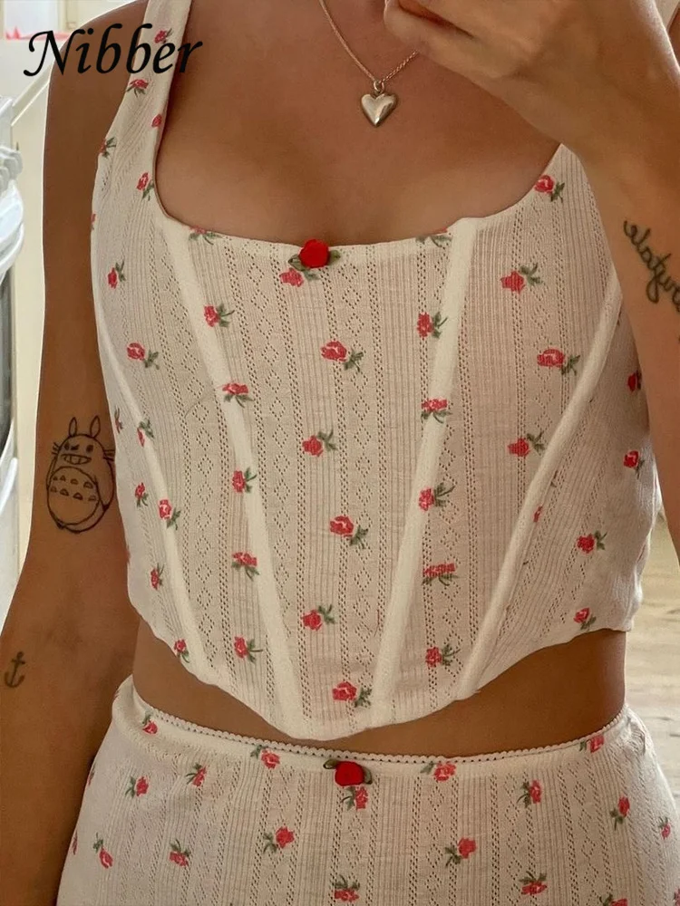 Nibber Sweet Floral print Two Piece Set Women New Hipster Unique Shape Spaghetti Strap Tops + High Elastic Waist Hip Skirts suit