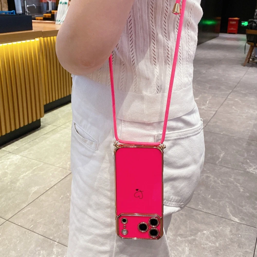 Elegant Crossbody Lanyard Necklace Case with Plating Love Heart Design – Soft Silicone Cover