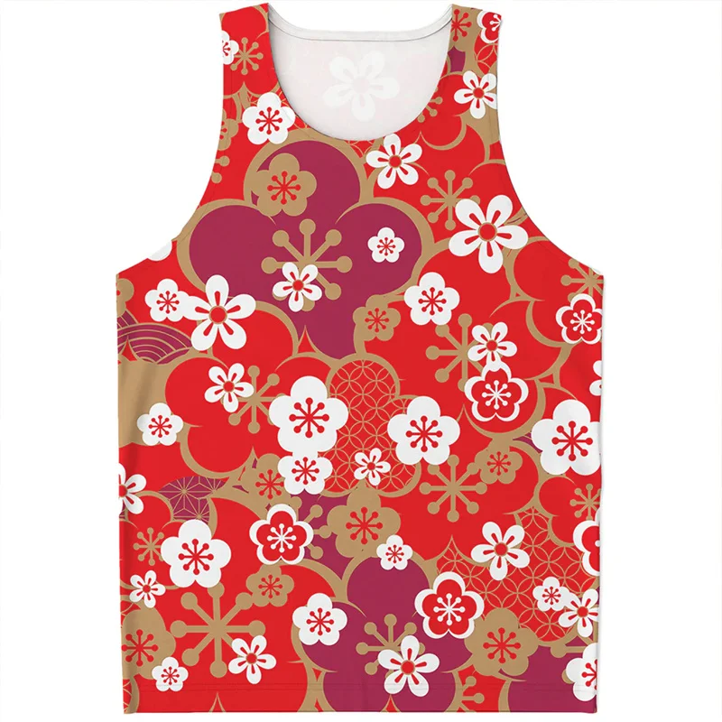 

Retro Cherry Blossom Pattern Tank Top For Men 3d Print Japanese Style Vest Summer Streetwear Women Oversized Tee Shirts Tops