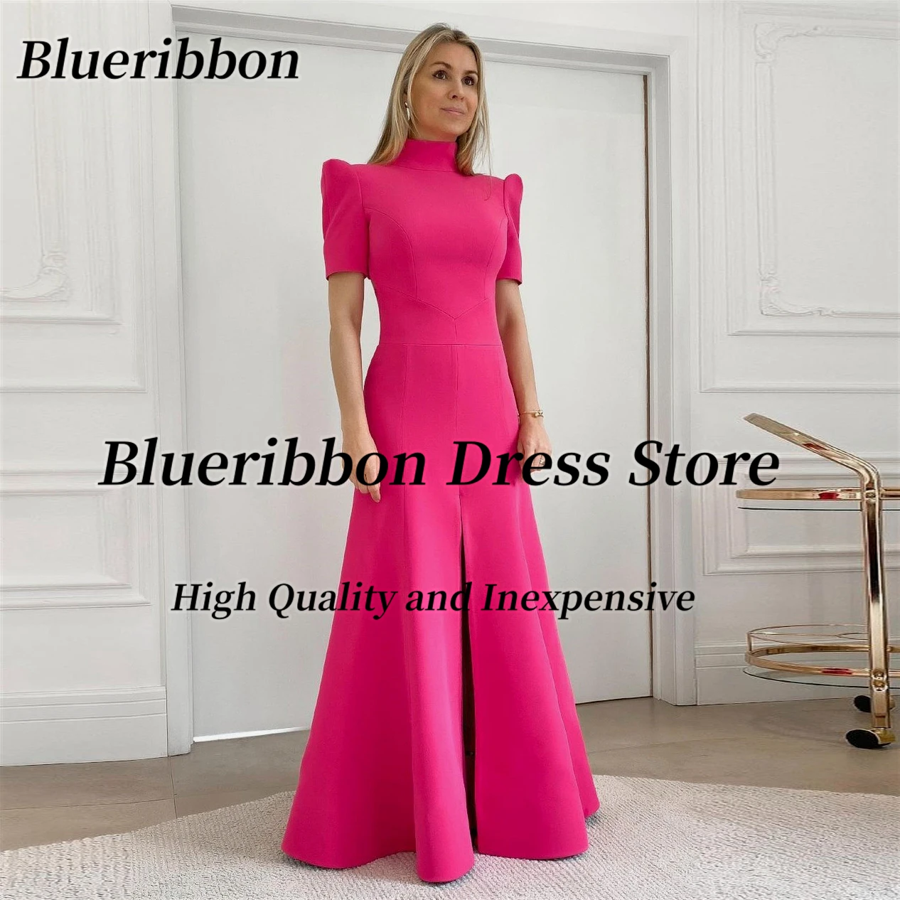 

Blueribbon Formal Occasion Women Wear High Collar Short Sleeves Evening Dresses Front Slit Special Party Long Prom Gowns
