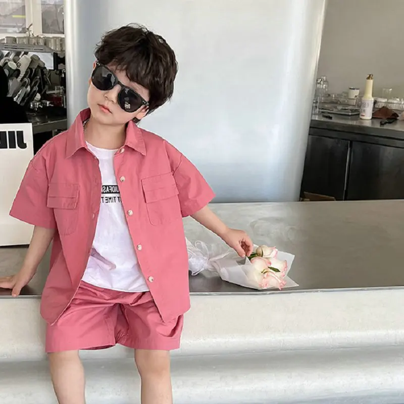 2024 Summer New Boys' Clothing Sets Double Pocket Polo Neck Shirt +Baby Shorts 2Pcs Casual Fashion Children's Clothes Suits 2-7Y