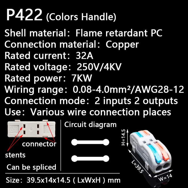 Mini Fast Wire Cable Connectors Universal Compact Conductor Spring Splicing Wiring Connector Push-in Terminal Block P421 F12 P422 (Colors Handle)