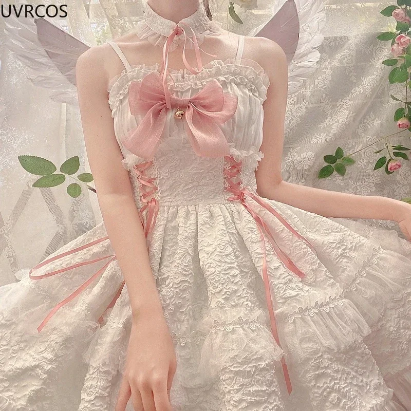 Dark Gothic Lolita Jsk Dress Women Harajuku Kawaii Bow Lace Bandage Princess Slip Dresses Girl Sweet Cute Y2k Party Mini Vestido lolita dress lolita suspender dress lolita cosplay costumes suspender dress