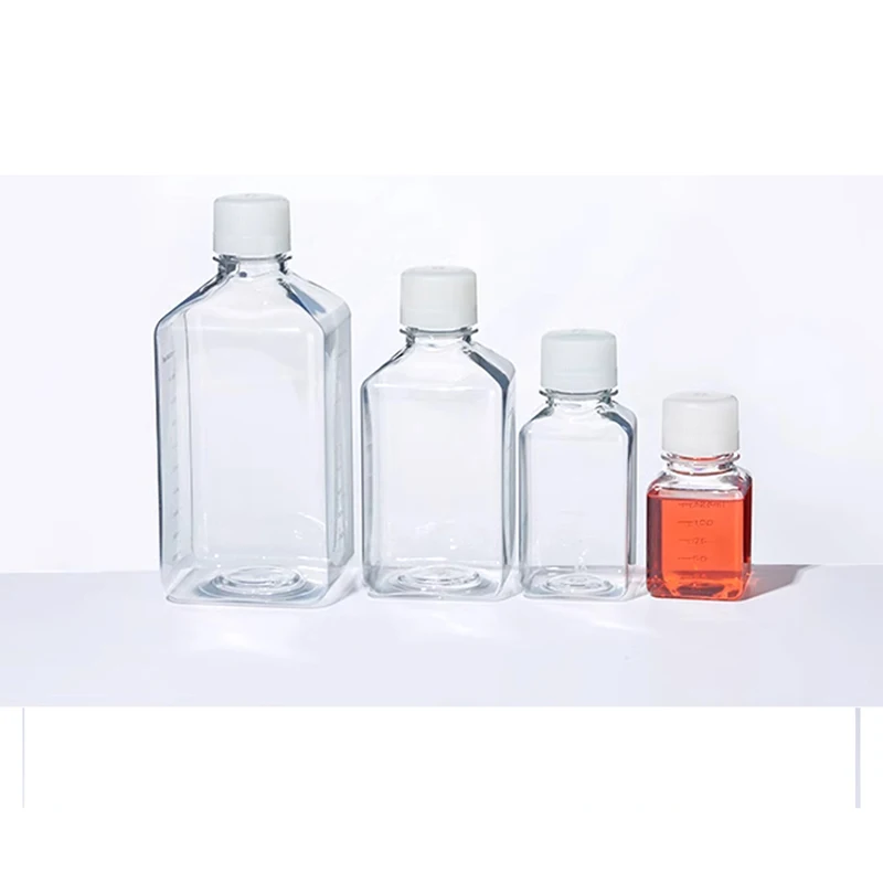 Disposable PET Culture Medium Square Sterile Plastic Dispensing Bottle With Scale Serum Sample Bottle Transparent 125 250 500ml