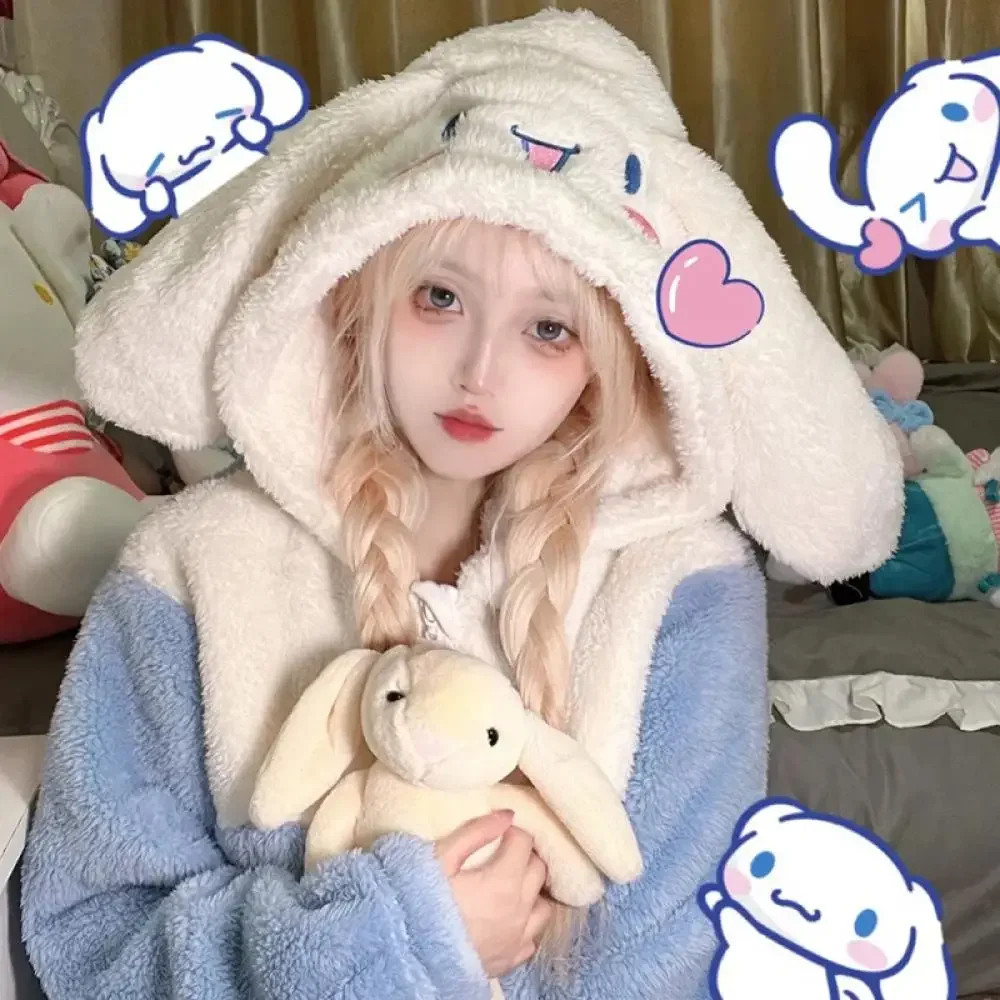 Kawaii Cinnamoroll Women Plush Pajamas Suit 2Pcs Winter Hooded Home Clothes Cartoon Thickened Homewear Girls Household Clothes women plush pajamas