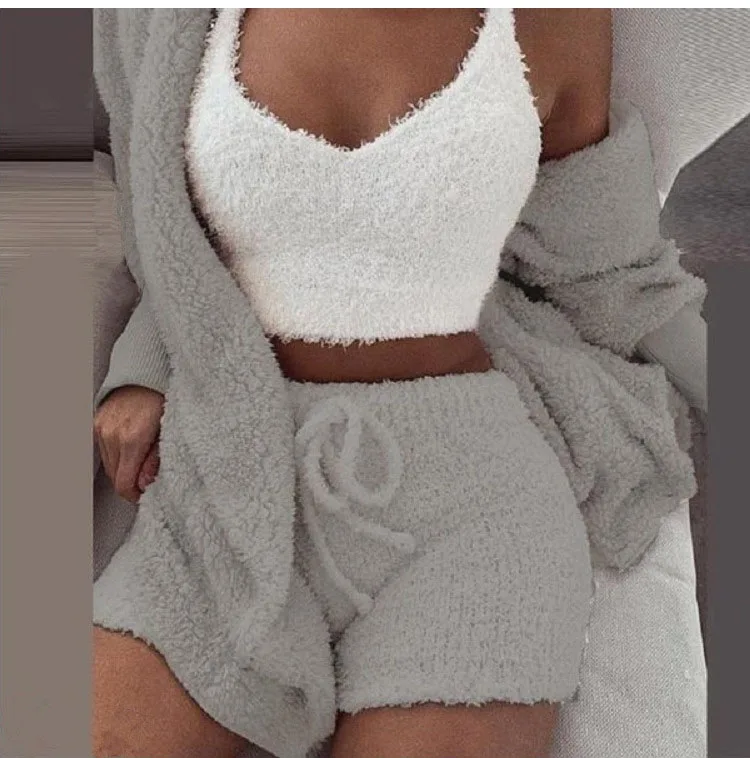 Sexy Fluffy Outfits Plush Velvet Hooded Cardigan Coat+Shorts+Crop Top Three Piece  Women Tracksuit Sets Casual Sports Sweatshirt loungewear sets