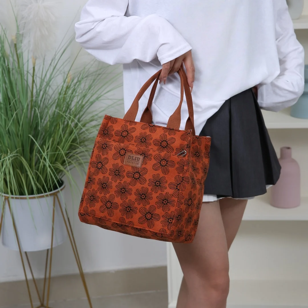 Elegant Corduroy Fashion Handbag with Floral Design