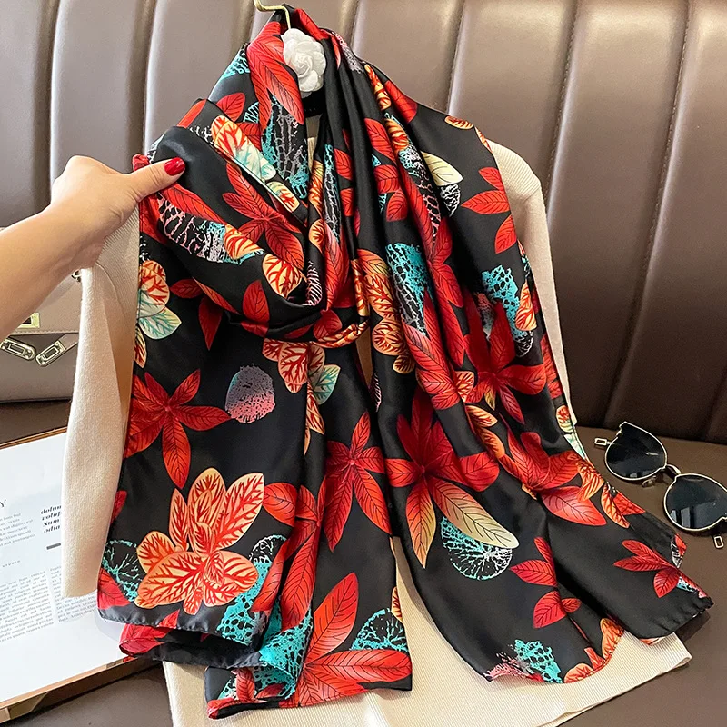 2023 Spain Luxury Silk Scarf Women Brand Vintage Branch Floral Silk Shawls Lady Wrap Neck Snood Foulards Pashmina Stole 180*90Cm
