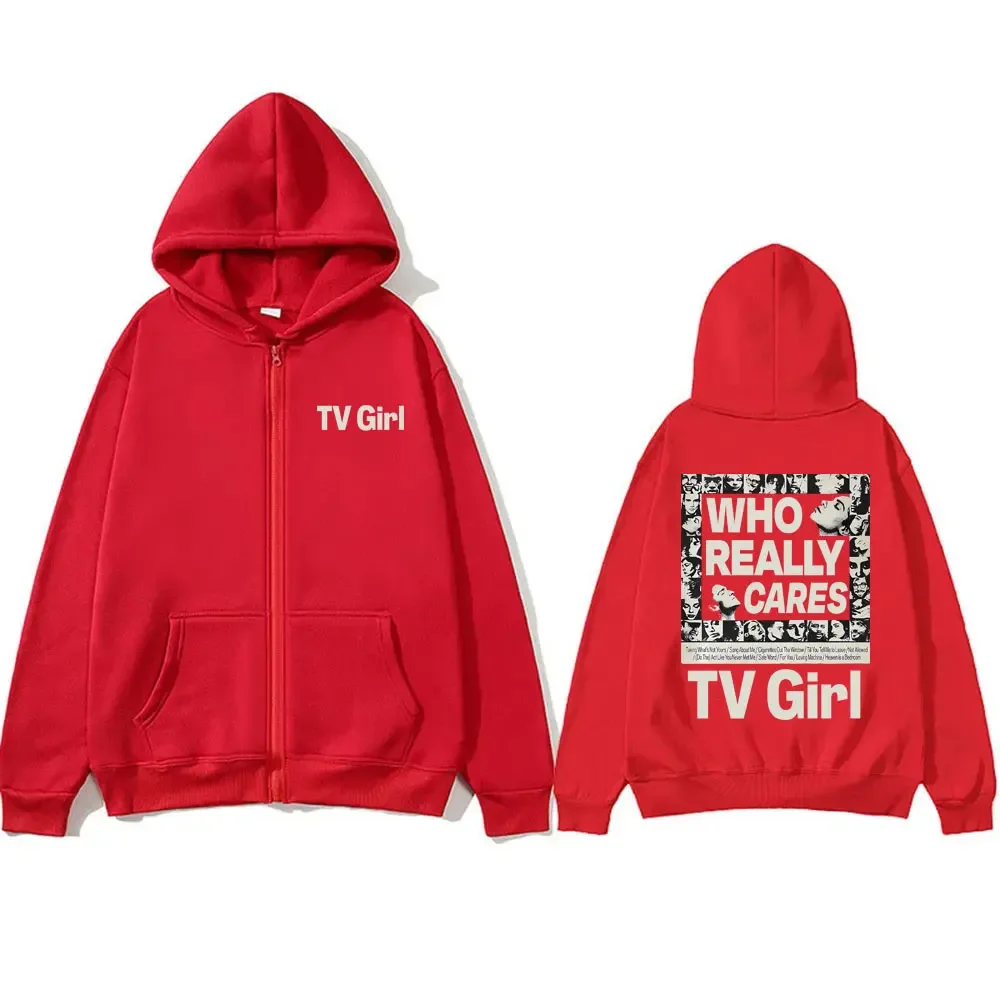 New Tv Girl Men Women Vintage Oversized Zip Up Hoodies Who Really Cares Graphic Zipper Hoodie Unisex Casual Fleece Zip Up Jacket