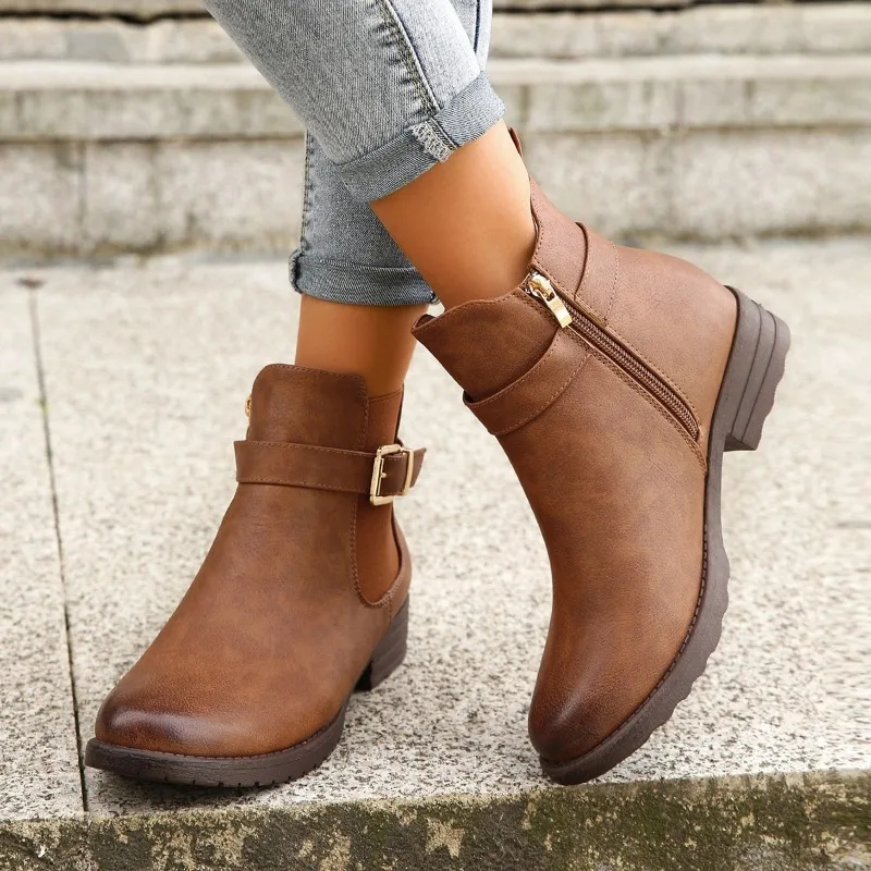 2023 Shoes Female Ankle PU Women's Boots Elegant Modern Boots Women Side Zip Belt Buckle Round Toe Chunky Heel Solid Shoes Women