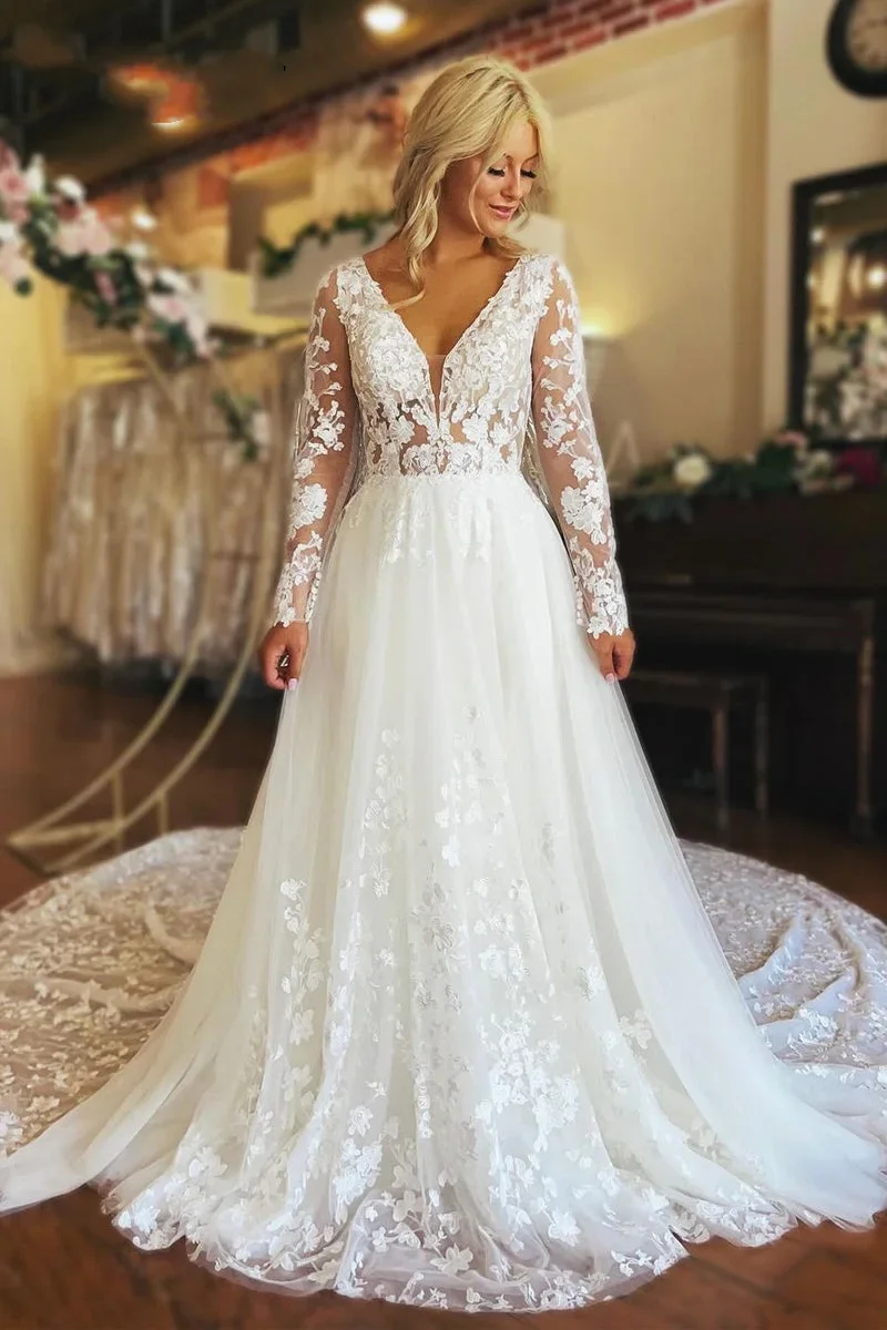 

Elegant A Line Wedding Dresses V Neck Lace Appliques Long Sleeves Button Bridal Gowns Floor Length Vestidos De Novia New 2024