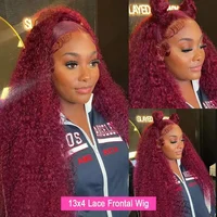 Perruque Lace Front Wig Deep Wave Brésilienne Naturelle, Cheveux Bouclés, Bordeaux 99J, 13x4, 13x6, HD, Pre-Plucked, 360 3