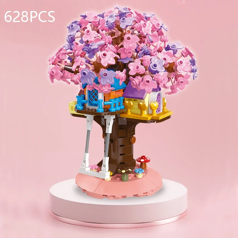 628Pcs Cherry Blossom Bonsai Tree House Building Blocks City Street View Piante Mattoni Display Romantico Regali Di Natale Giocattolo Per Bambini