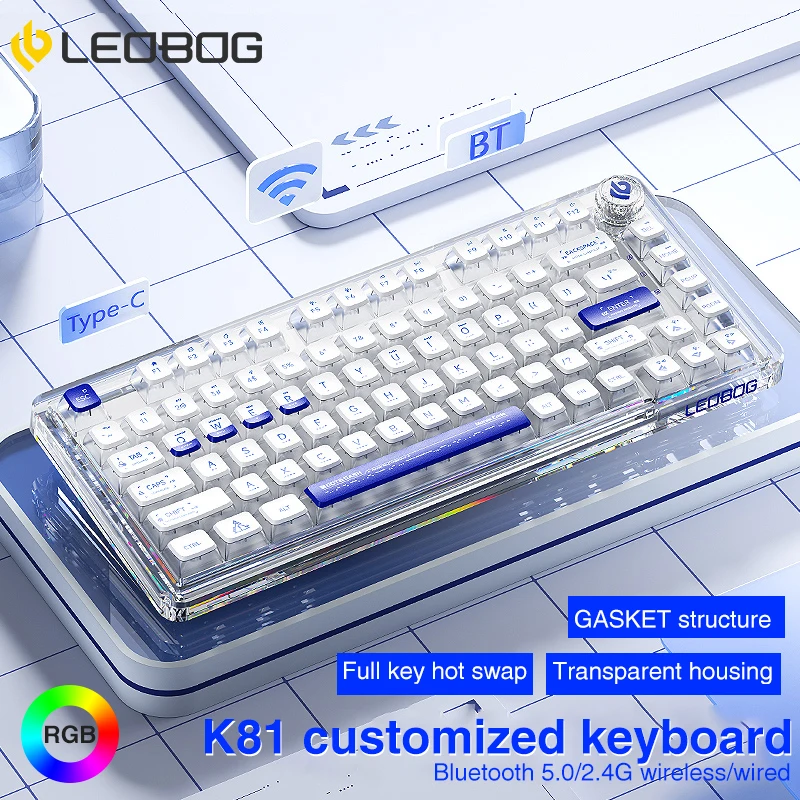 

LEOBOG K81 Bluetooth Wireless Mechanical Keyboard 81 Keys Hot-swappable RGB Three Modes Keyboard GASKET Structure Acrylic