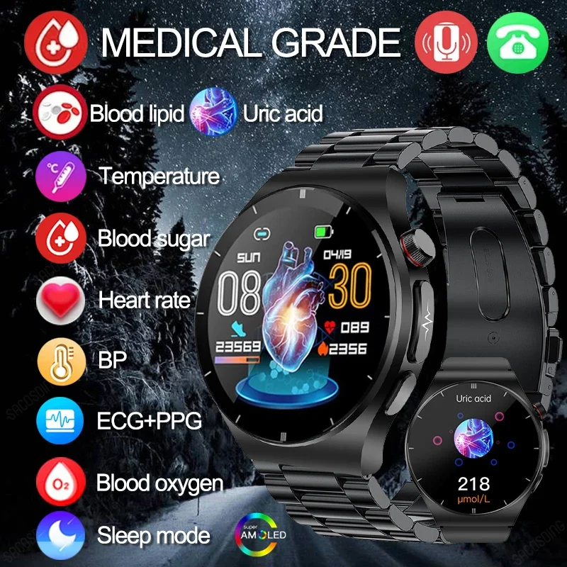 

Health Blood Sugar Smart Watch Blood Lipid Uric Acid Monitor ECG+PPG Temperature Watch Smart Bluetooth Call Sport Smartwatch Men