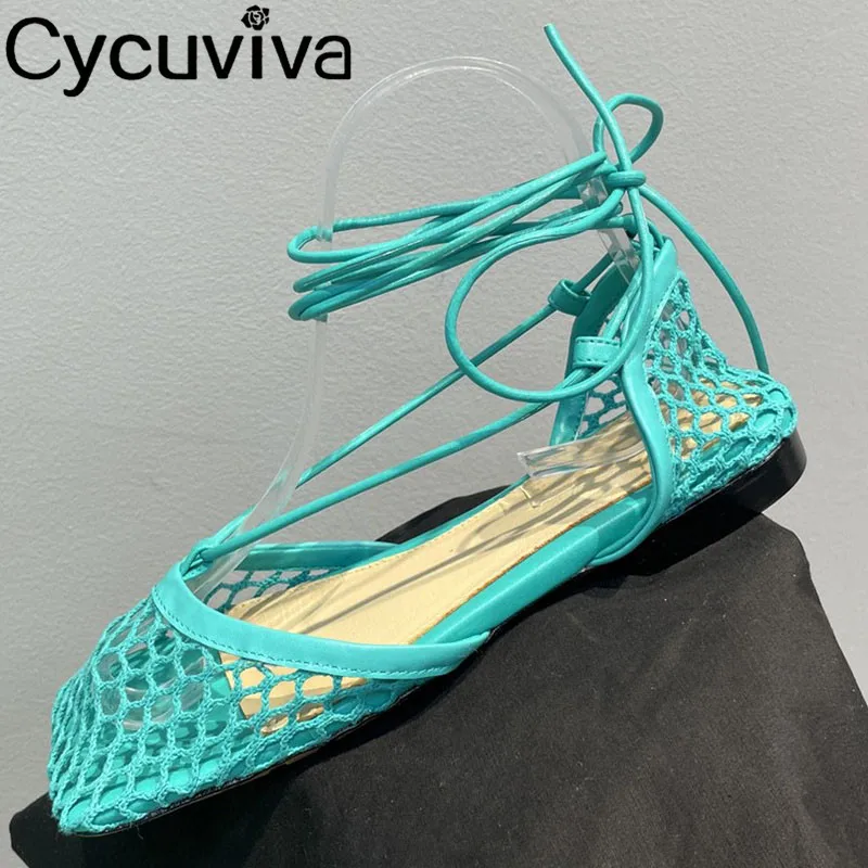 

Cut Outs Brand Mesh Hollow Out Flat Net Sandals Women Ankle Lace Up Designer Dress Shoes Summer Party Flat Beach Shoes For Women