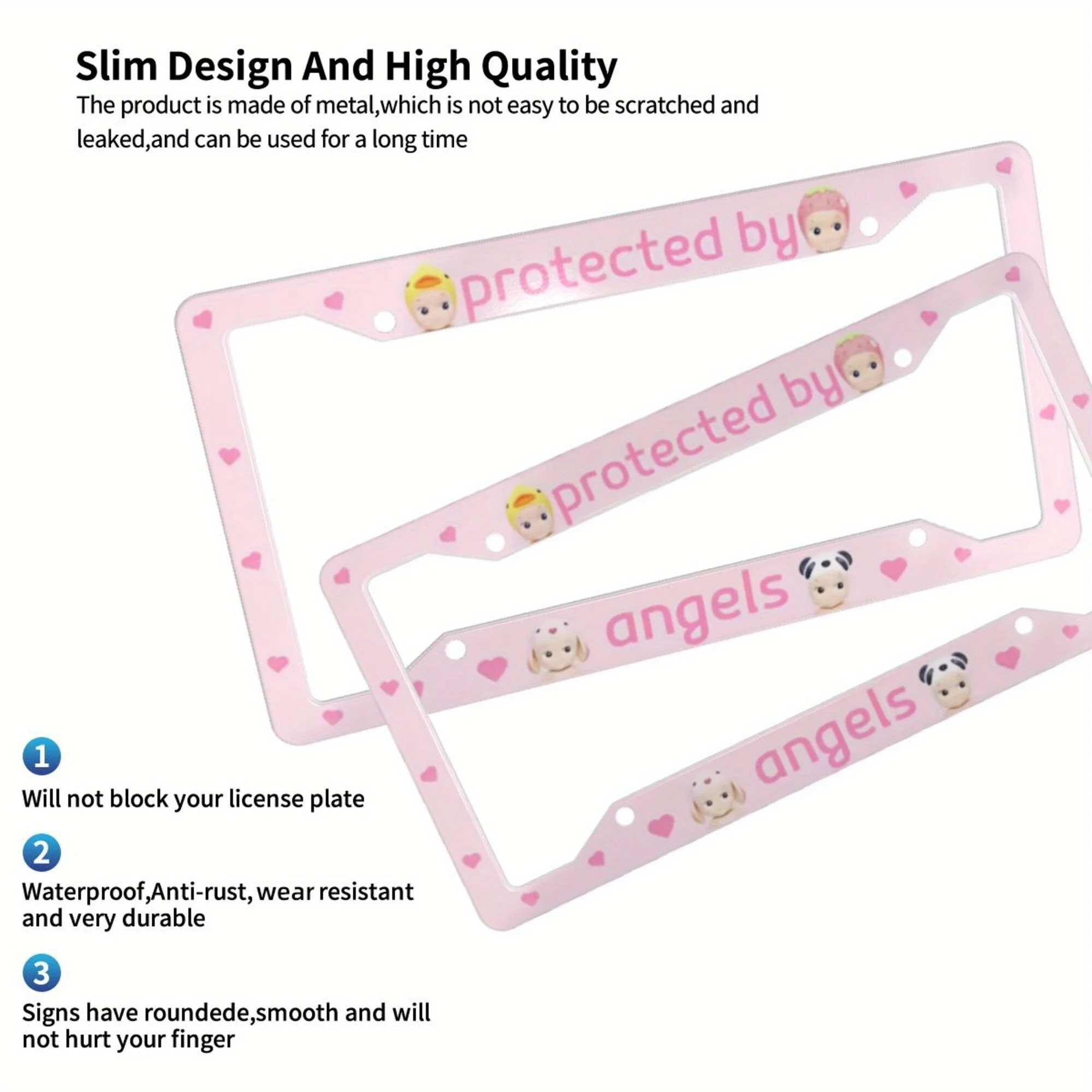 1pc Aluminum License Plate Frame, Protected By Angels Pink Funny Cute Kawaii Sonny Angels Car,Sonny Angel Kewpie Car Decor, 5