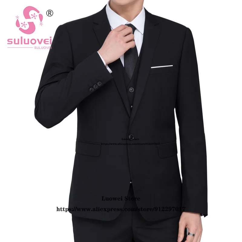 

Solid Black Slim Fit Wedding Suits For Men 3 Piece Jacket Vest Pants Set Formal Grooms Dinner Tuxedos Costume Homme Pour Mariage