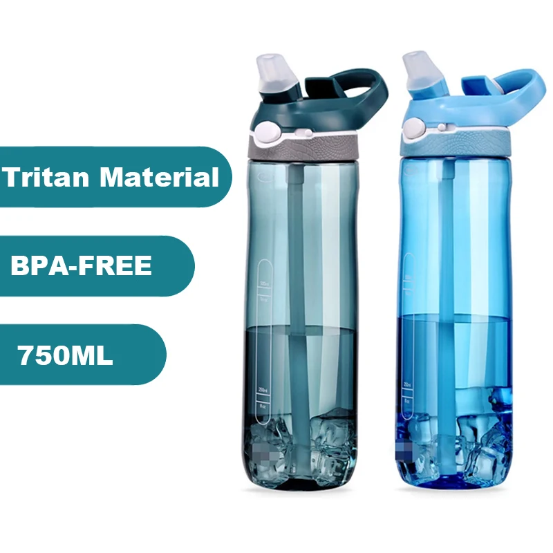 트라이탄 소재 잠금 뚜껑이 있는 스포츠 물병, 빨대 손잡이, BPA 프리 투명 컵, 야외 캠핑 사이클링 체육관용, 750ml 